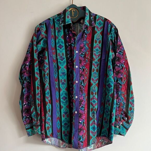 Wrangler Western Shirt Mens Large 17 Aztec Print - Picture 1 of 7